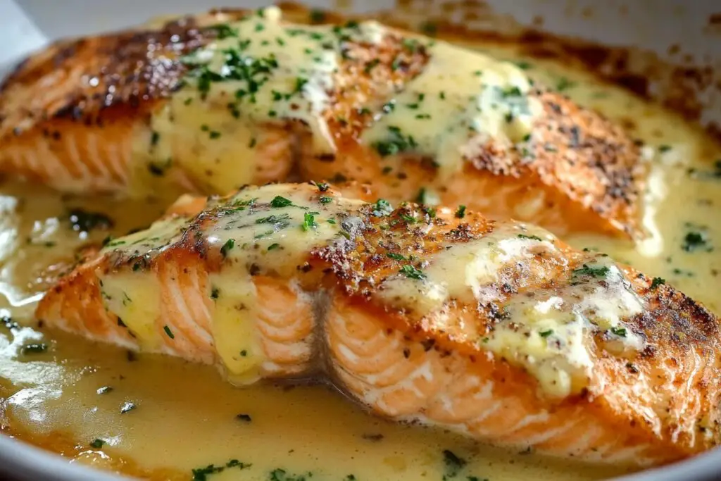 Dive into this delicious Baked Salmon with Lemon Butter Cream Sauce! This recipe delivers tender, flaky salmon topped with a rich, creamy lemon butter sauce that enhances the flavors without overpowering them. Perfect for a healthy dinner or special occasion, it's quick to make and packed with omega-3 fatty acids. Ready to impress your family or guests? Save this pin and try it tonight!