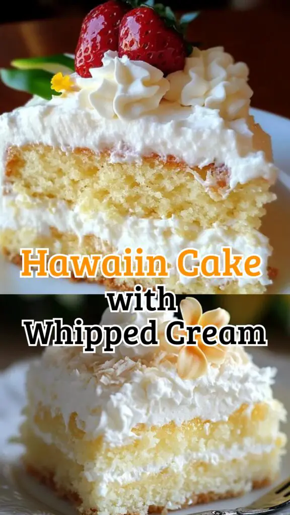 Indulge in this Delicious Hawaiian Cake Recipe with Whipped Cream Topping! Bursting with tropical flavors, this cake combines sweet pineapple, coconut, and a light, airy whipped cream for the perfect dessert. Perfect for parties or a special treat! Try this easy-to-follow recipe today and bring a taste of the islands to your home. Save this pin and delight your friends and family with this irresistible cake! 🍍🍰